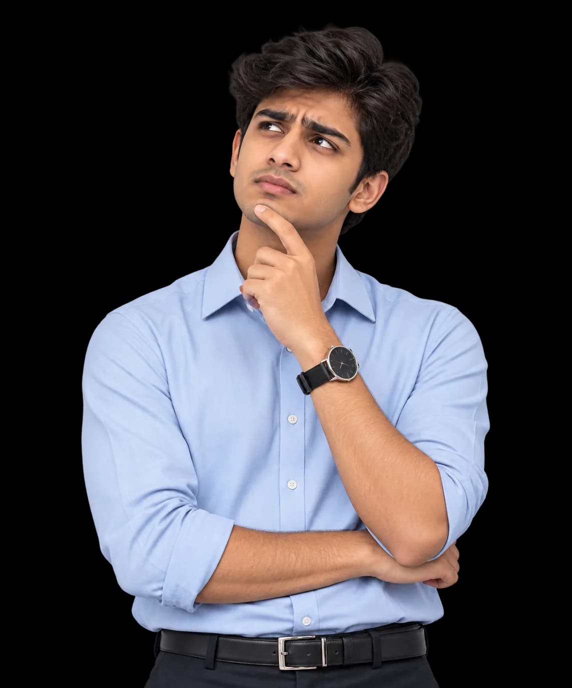 Student in a light blue shirt, thinking with a hand on his chin